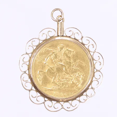 Hänge med mynt 1 pound (sovereign)  Victoria Dei Gra Britt Regina Fid Def Ind Imp 1896, 31x37mm, mynt i 22K, ram i 14K  Vikt: 9,8 g