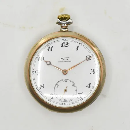 Fickur Tissot Antimagnetique, boett Ø50 mm, manuell, stål, boettnr 948754, serienr 1003420, fästen till baklock är av, innerboett i metall, boett med silver från Boliden, upphängningsögla saknas, fungerade vid testtillfället, bruttovikt 75,0g, 800/1000 silver.