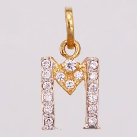 Hänge bokstaven M vita stenar, längd 23mm inkl ögla, bredd 10,3 mm, tvåfärgad, 21K  Vikt: 1,7 g