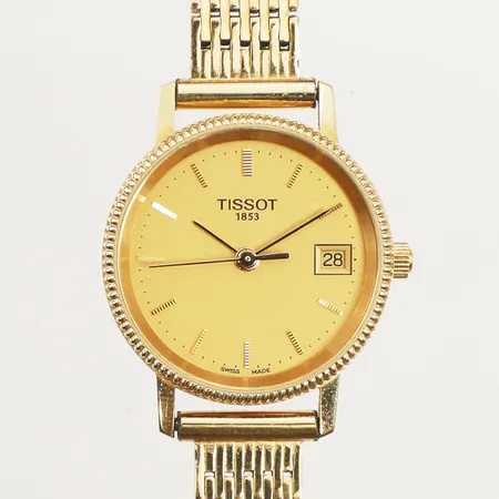 Damur Tissot 18K, 24mm, boettnr H635.330, datum, förgylld stållänk ej original, går ej, gravyr, inga tillbehör. 