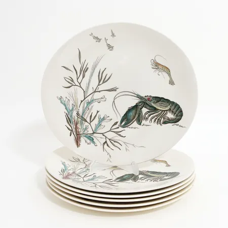 6st Tallrikar Johnson Bros Nr.1 "Fish", Ø26,5cm, flintgods, England, 1900-tal Skickas med postpaket.