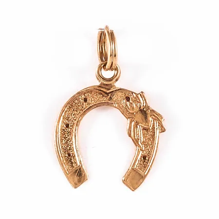 Hänge i 18K guld: Hästsko med spindel. Det är 12,5 mm brett, 19 mm långt inkl. ögla och väger 0,5g.