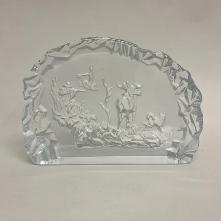 Glasblock, jägare, Nybro glasbruk, höjd ca 17,5cm, bredd ca 25cm, etikettmärkt, 