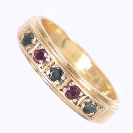 Ring med röda samt blå stenar stl 18¼ bredd 5mm, gravyr, 18K  Vikt: 6,2 g