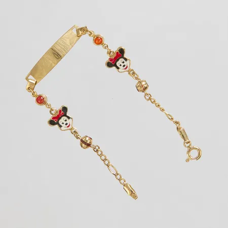 Armband med bricka samt stenar, emalj, längd ca 14cm, bredd 2-5mm, ojämnheter, slitage, 14K, bruttovikt: 2,5g.