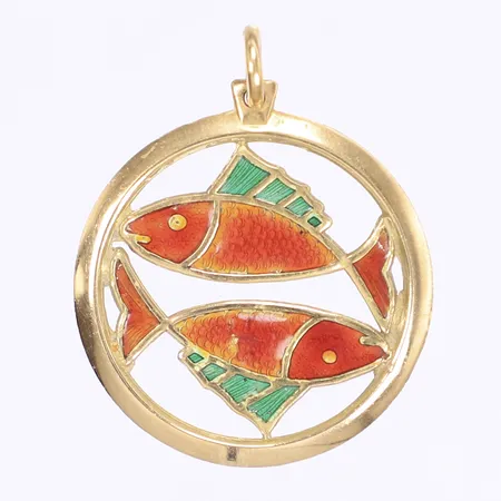 Hänge stjärntecken fiskarna med emaljdetaljer Ø32mm, något repig, 18K  Vikt: 4,8 g