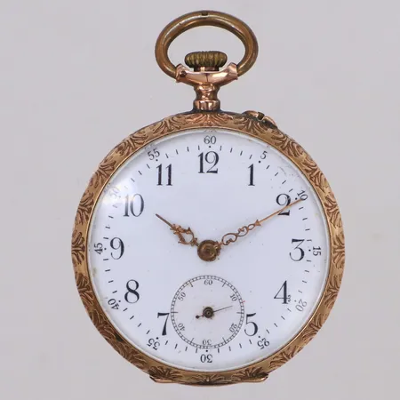 Fickur 14K, Ø34mm, liten sekundvisare, innerboett i metall, gravyr, går ej, bruttovikt 34,7g