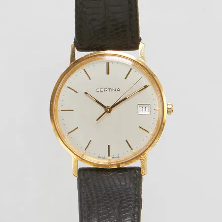 Herrur Certina 14K, quartz, 33,5mm, datum, gravyr, läderband, slitage, box, bruttovikt: 29,4g. 