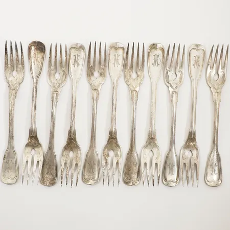 Elva fiskgafflar, monogramgravyr, ca 17cm, Tyskland, 800/1000 silver Vikt: 494,4 g