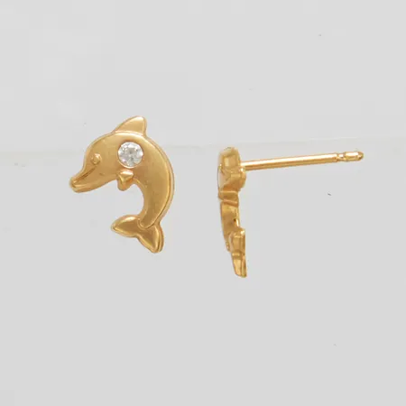 Ett par örhängen delfiner med vita stenar, ca 9 x 7mm, saknar snurrebussar, 18K Vikt: 0,6 g