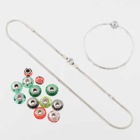 Pandora collier + armband stelt + berlocker 12 st,silver. Vikt: 78,6 g