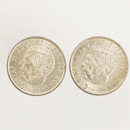 Två mynt Gustaf VI Adolf Sveriges konung, 2 Kr år 1956, 1964, Ø31mm, repiga, 400/1000 silver  Vikt: 28 g