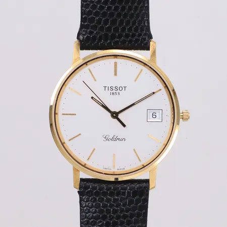 Herrur Tissot Goldrun, 14K, quartz, 33,5mm, datum (återställer ej korrekt), svart läderband, manual, box