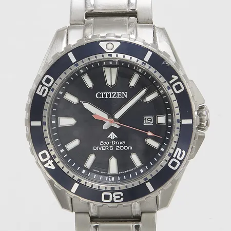 Herrur Citizen Eco Drive Divers 200m, 45 mm, stål, quartz, eco-drive, refnr E168-S111501, snr 252050150, datum, mineralglas, stållänk, viklås, repig, inga tillbehör.  Vikt: 0 g