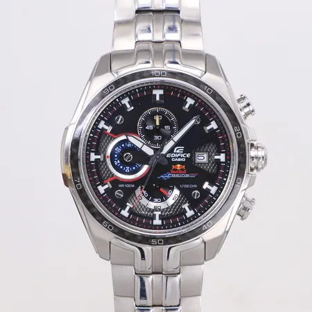 Herrur Casio Edifice Red Bull Edition, stål, quartz (går ej, troligen batteribyte), kronograf, ref-nr EF-565RB, garantikort 2012 Bryssel, en extra länkbit, manual, ställ, box