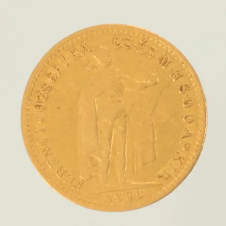 Mynt 10 Korona Magyar Királyság, Ferencz József I.K.A, år 1909, 21K, 3,3g Vikt: 3,3 g