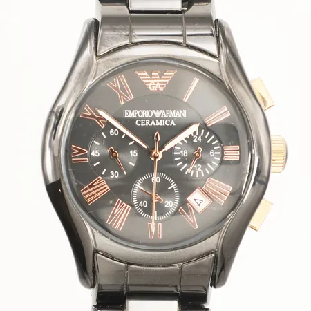 Herrur Emporio Armani Ceramica, stål/keramik, quartz, 42mm, refnr AR-1410, serienr 111108, datum, kronograf, länk ca 16cm, repig, naggat glas, inga tillbehör.