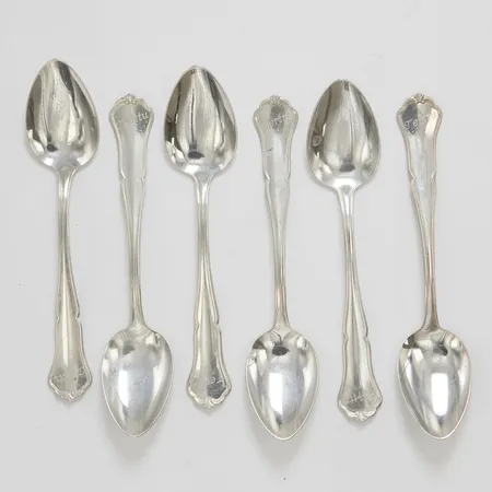 Sex kaffeskedar Hansa, längd ca 11,8cm, finska stämplar, Åbo, år 1997, gravyrer, 830/1000 silver Vikt: 75,1 g