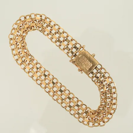 Armband X-länk, längd 18,5cm, bredd 11mm, saknar en låsåtta, defekta länkdelar, 18K, 15g Vikt: 15 g