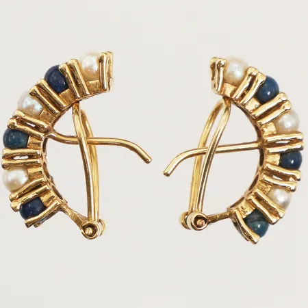 Ett par örhängen med blå stenar och pärlor, längd 22,5mm, bredd 4,7mm, ostämplat, 18K  Vikt: 6,3 g