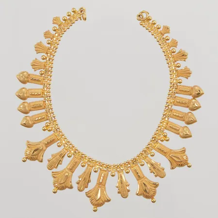 Collier med tygband, bredd:5-23mm, 21K vikt utan tygband:12,2g.