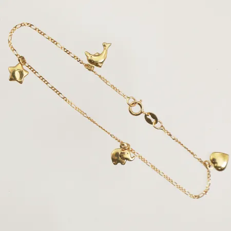 Armband med fyra berlocker, längd 16cm, bredd 1mm, buckliga berlocker, 18K  Vikt: 1,1 g