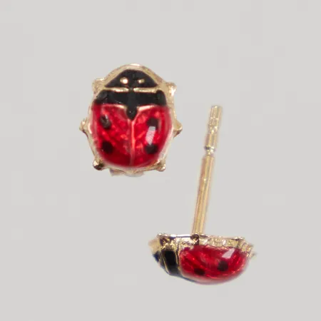 Ett par örhängen Nyckelpigor med emalj, Ø ca 5,5mm, stift, ett snurrebuss saknas, 18K  Vikt: 0,3 g