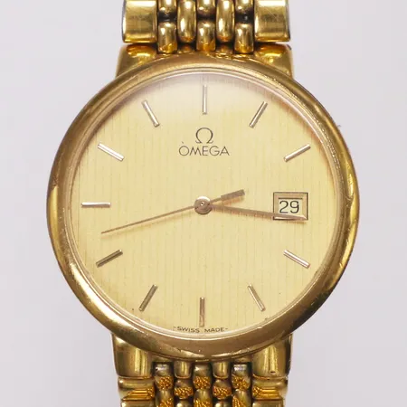 Herrur Omega DeVille, stål, manuell, Ø33mm, metallänk, datum, viklås, repor på länk, krona saknas, förgylld metall, inga tillbehör.