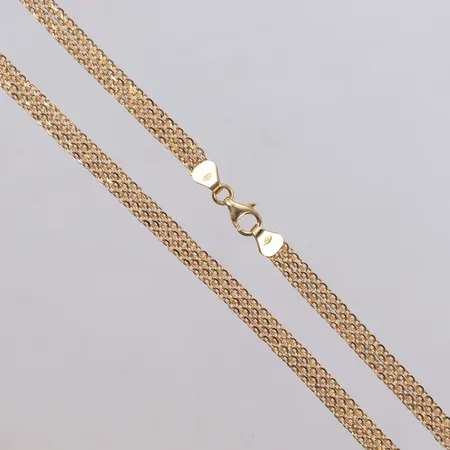 Collier X-länk, längd 45cm, bredd 5mm, delvis snurrad, defekt/länkrader som delat på sig, 18K Vikt: 8,7 g