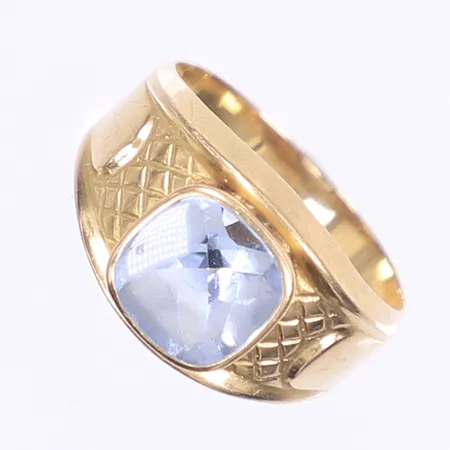  Ring med blå sten stl 17 bredd 4-11mm något ojämn skena 18K Vikt: 3,5 g