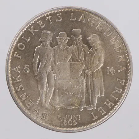 Mynt, 5kr, Gustaf VI Adolf, 1959, Svenska folkets lagbundna frihet 6 juni 1809, 34mm, silver 400/1000 Vikt: 17,9 g