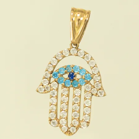 Hänge med blå och vita stenar, längd 27mm inkl ögla, bredd 15mm, 18K, 2,4g Vikt: 2,4 g