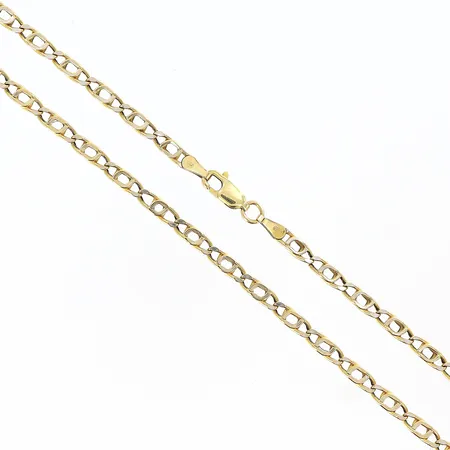 Kedja längd 52cm bredd ca 3mm, ihåliga länkbitar, 14K Vikt: 6,1 g