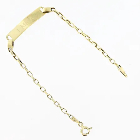 Barnarmband med platta längd 14,8cm, bredd 2,5,5mm, gravyr, 14K  Vikt: 2,1 g
