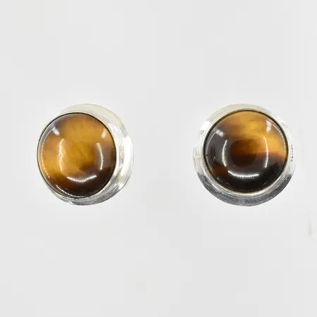 Örhängen med tigeröga Ø12mm, stoppar saknas, ostämplade, silver. Vikt: 2,9 g