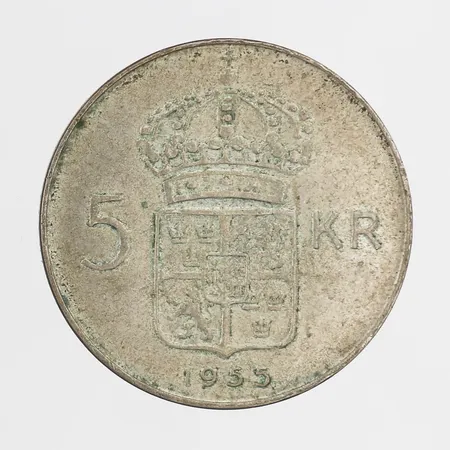 Mynt 5kr Gustaf VI Adolf år 1955, Ø34mm, silver 400/1000 Vikt: 18 g