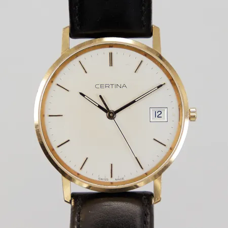 Herrur Certina Ø 33mm, 18K, quarts, datum, läderband, spänne doublé, batteribyte krävs, bruttovikt: 28,3g