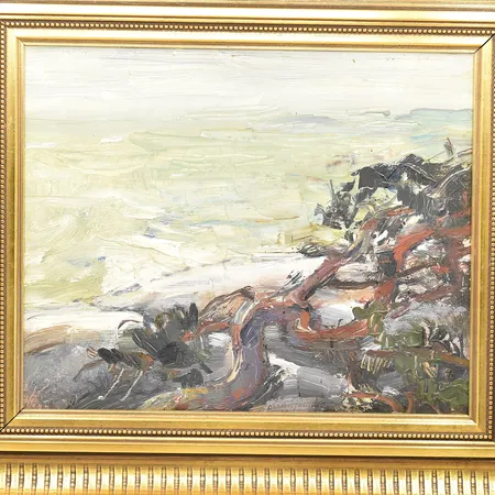 Tavla Olle Hjortzberg landskapsmotiv olja på pannå, signerad, ramstorlek 38x33½cm, ett fåtal färgbortfall på ram.