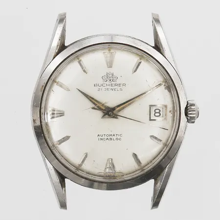 Herrur Bucherer, automatisk, Ø36mm, stål, boettnummer 30.54 A, plexiglas, inga tillbehör, repor märken, urtavla med fläckar, plexiglas med sprickor.