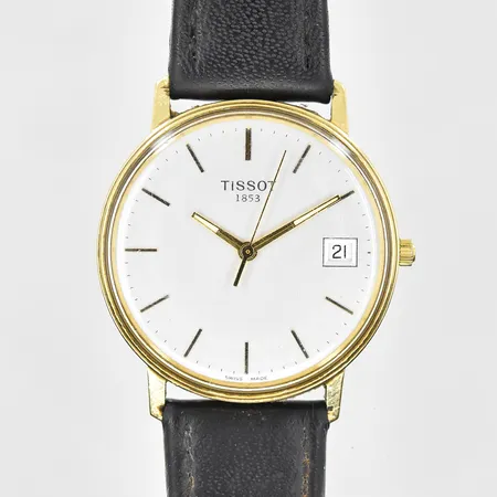 Herrur Tissot 14K, quartz, Ø34mm, datum, läderband, monocoque, gravyr, behov av batteribyte, inga tillbehör. bruttovikt 31,7g