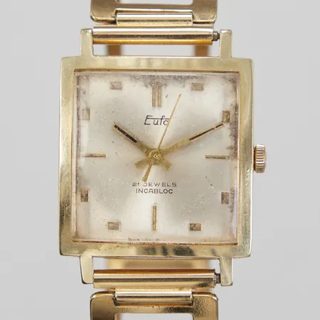 Armbandsur Eufa 14K i boett 37x28mm, manuell , krona ej original, sliten urtavla, länk i gulmetall 17cm, inga tillbehör