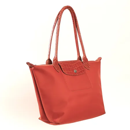 Väska Longchamp Le Pliage orange nylon och läderdetaljer, mått 25x36x14cm, slitage i hörn på undersida, fläckar