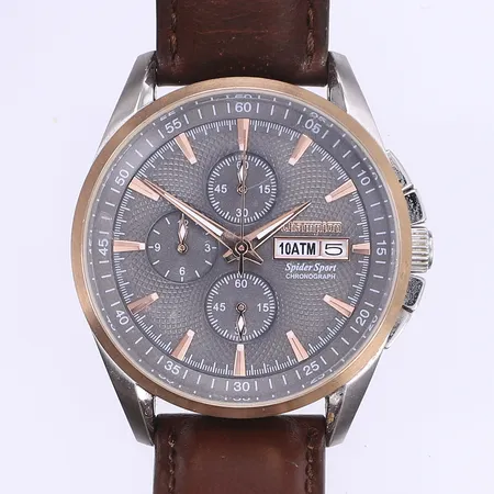 Herrur Champion Spider Sport Ø43mm, quartz, kronograf, datum, stål, bruksslitage, läderband slitet, fungerande vid katalogisering, inga tillbehör