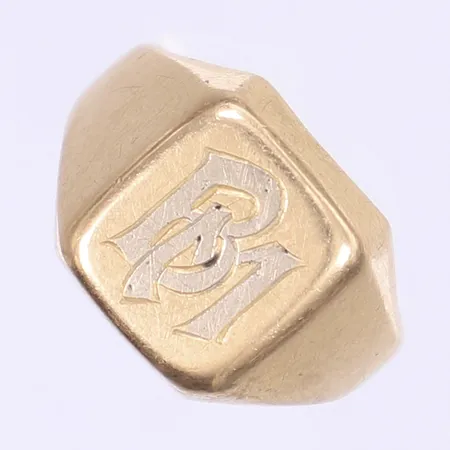 Klackring med monogram BM stl:19¾, bred 5-16mm, svenska stämplar, bruksslitage, spår från lagning i skena, 18K Vikt: 14,4 g