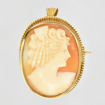 Hänge/brosch med kamé längd 40mm bredd 26mm, 18K. Vikt: 7,3 g