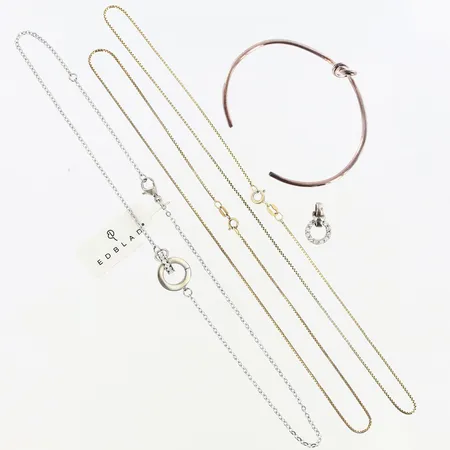 2 kedjor Venezia, förgyllt, 1 hänge med vita stenar, 1 armband stelt, silver 835-925/1000, 1 collier Edblad, vitmetall, etui   Vikt: 13,7 g