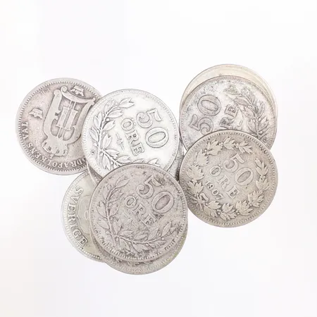 9 stycken 50 öringar,  silver 400/1000, 43,5g Vikt: 43,5 g
