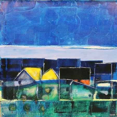 Tavla Bengt Yman olja på duk, komposition av hus, rammått 58x58cm. Skickas med postpaket.