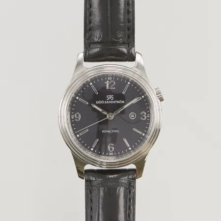 Damur Sjöö Sandström Royal Steel Classic II 32mm stål quartz läderband original, behov av batteribyte.