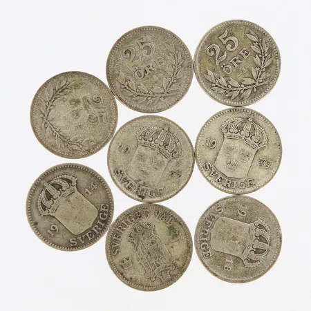 Mynt 8st, 25-öre, Sverige, 600/1000 Silver Vikt: 18,7 g